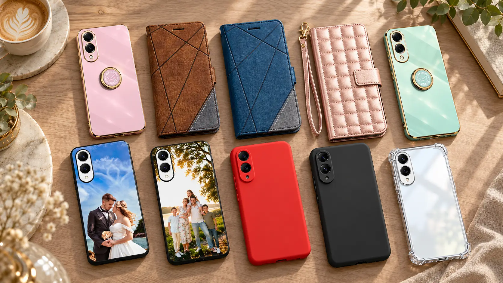 Row of colorful smartphone cases and phones on a wooden table, some showing wedding photos on screens