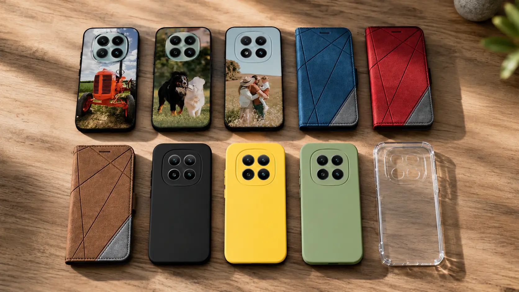 Row of smartphone cases laid on a wooden surface, including photo-backed designs (tractor, dogs, couple) and solid/colorful/leather-style cases with diagonal stitching, plus a clear case on the rightmost.