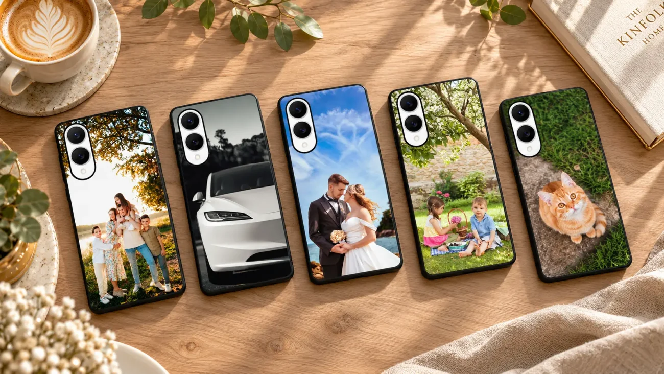 Six smartphones lined on a wooden table showcase personalized photo cases: family portrait, car, wedding couple, kids at a picnic, and a cat.