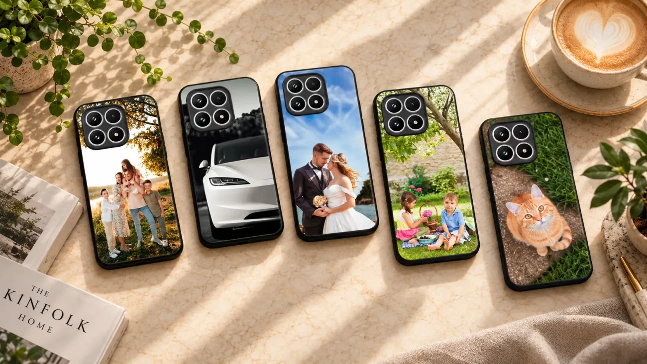 Six smartphones with personalized photo cases laid on a marble table, showcasing family, car, wedding, kids, and cat images.