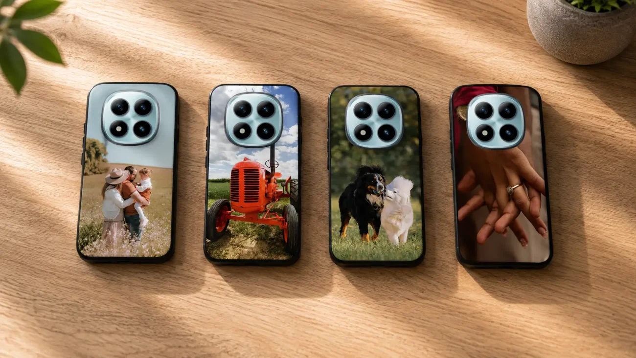 Personalizirani ovitki za Xiaomi Redmi Note 15 Pro 4G | Poceni-Ovitki.si Four smartphones on a wooden table with photo-lit cases: family on a field, a red tractor, two dogs, and a couple's hands with a ring.