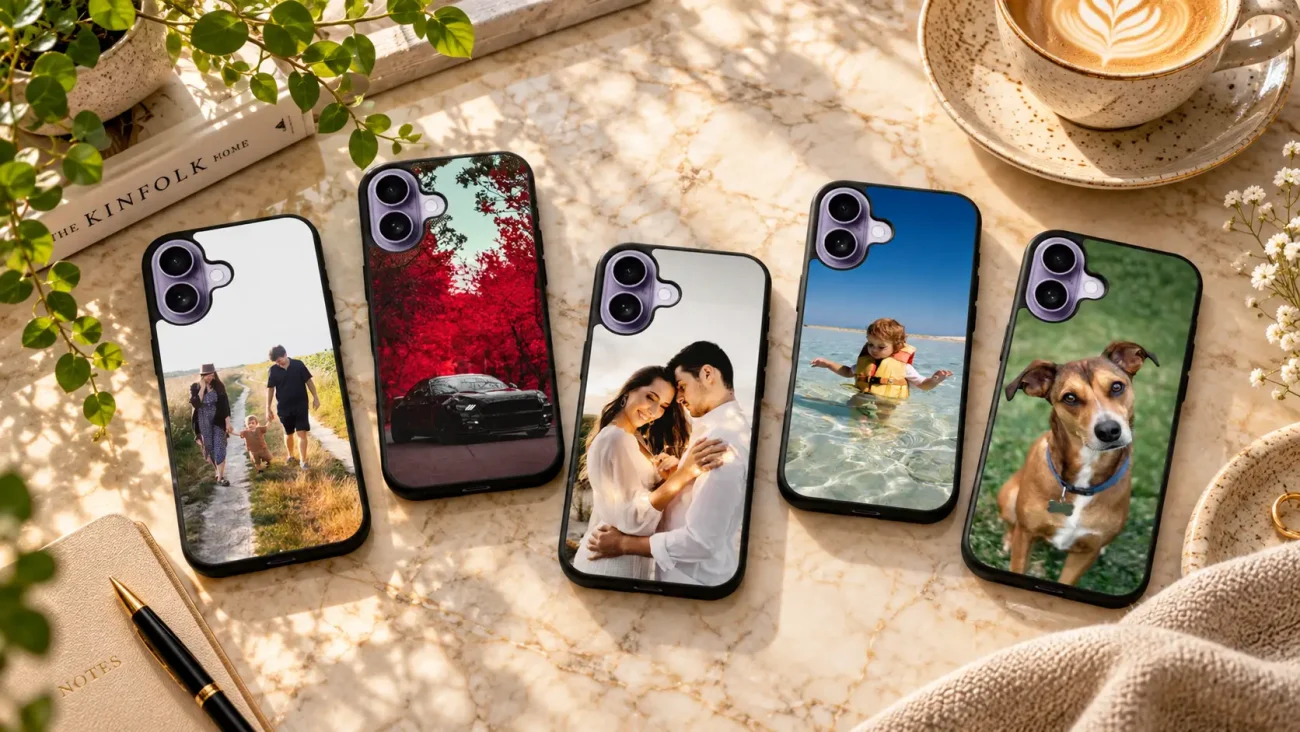 Personalizirani ovitki za iPhone 17 | Poceni-Ovitki.si Five smartphones with personalized photo cases laid on a marble table beside a coffee cup and plants, each displaying a different image.