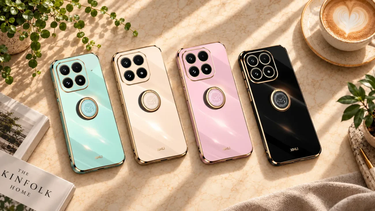 Four pastel smartphones with gold edges and circular mounts on a marble table, arranged in a row with a coffee cup and greenery nearby.