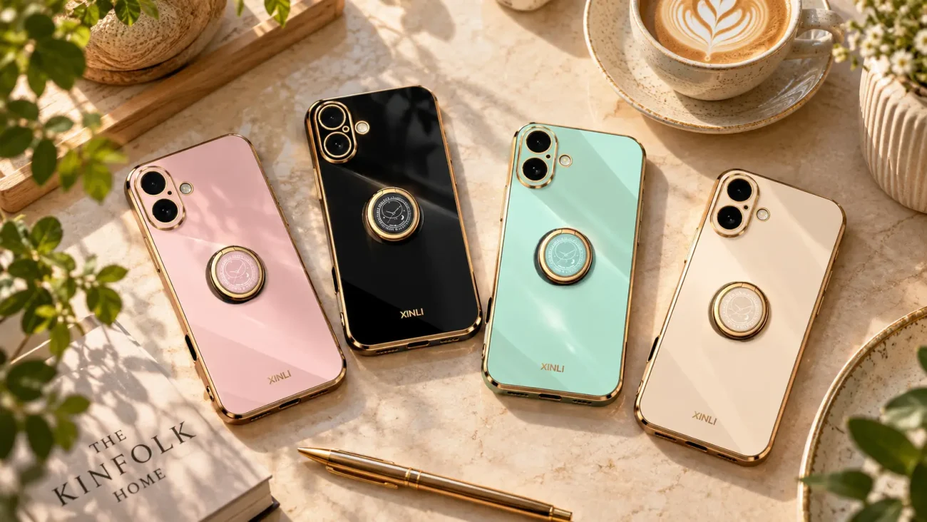 Platinum Ring ovitki za iPhone 17 | Poceni-Ovitki.si Four XINLI smartphones with gold-edged backs and ring holders in pink, black, mint, and beige on a marble table beside a latte and plants.
