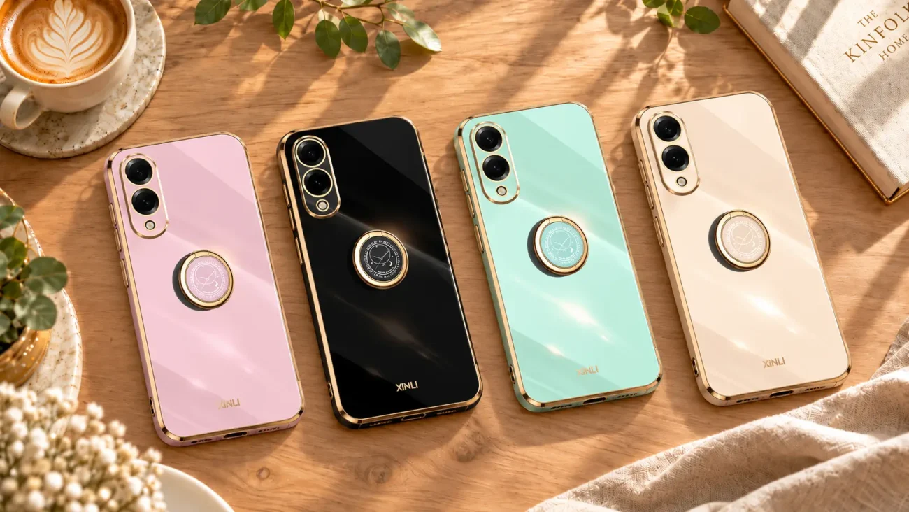 Four XINLI smartphones in pink, black, mint, and beige with circular ring mounts on their backs, laid on a wooden table beside coffee and a book.