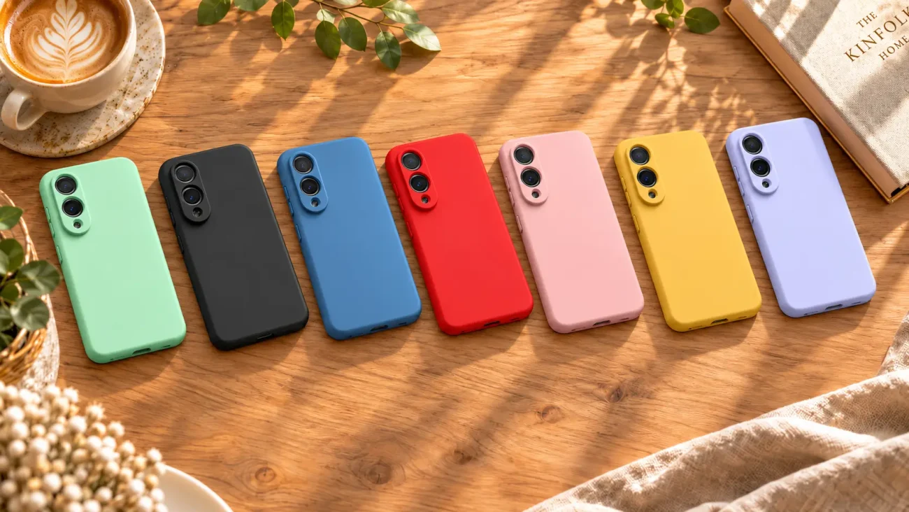 Row of colorful phone cases (mint, black, blue, red, pink, yellow, lavender) arranged on a wooden table with a coffee cup and book nearby.