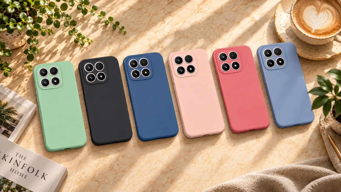 Six colorful smartphones with camera bump arranged in a row on a marble table, green to blue hues, beside a coffee cup and plants.