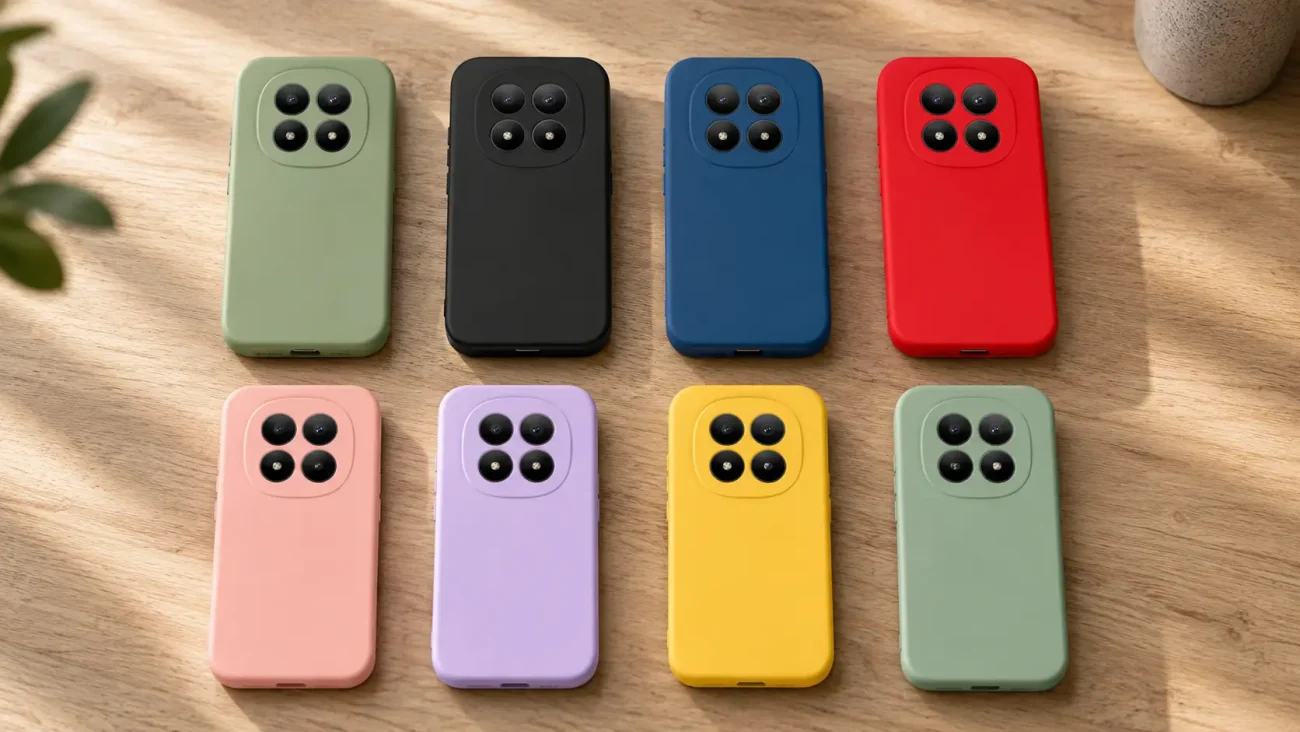 PremiumMAT ovitek za Xiaomi Redmi Note 15 Pro 4G | Poceni-Ovitki.si Eight colorful smartphones with square four-camera backs arranged on a wooden surface.