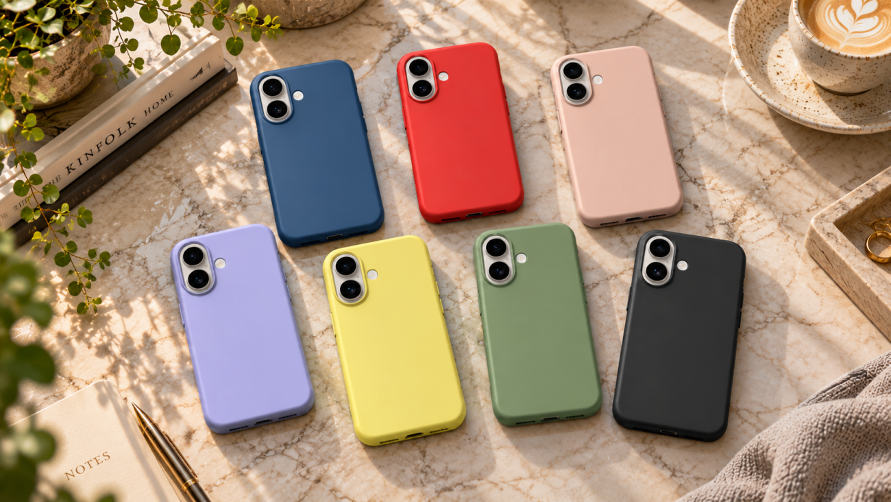 PremiumMAT ovitki za iPhone 17 | Poceni-Ovitki.si Eight colorful phone cases arranged on a marble table with a plant, notebook, and cup of coffee.