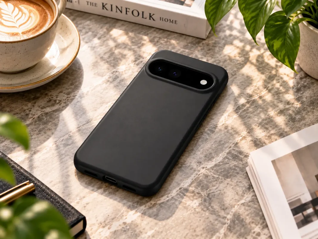 Black smartphone in a slim, dark case resting on a marble desk beside a latte and green plants.
