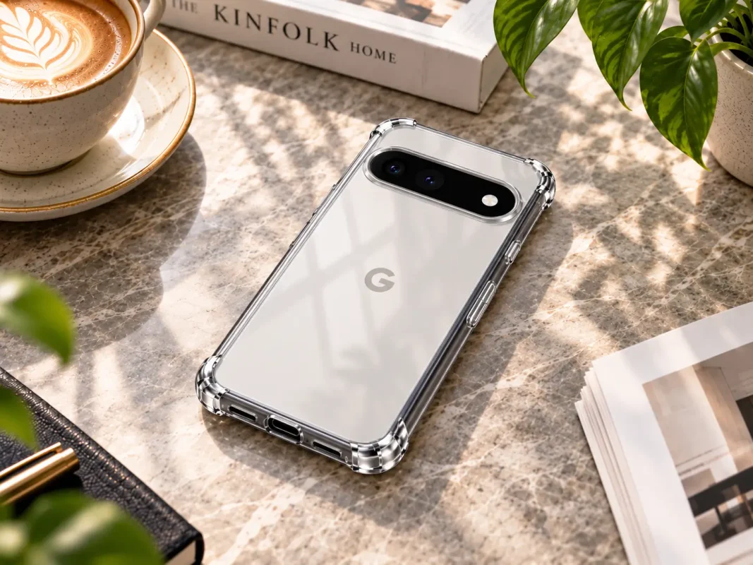 Clear Google Pixel phone in a transparent case resting on a marble table beside a latte, a Kinfolk Home book, and a potted plant.