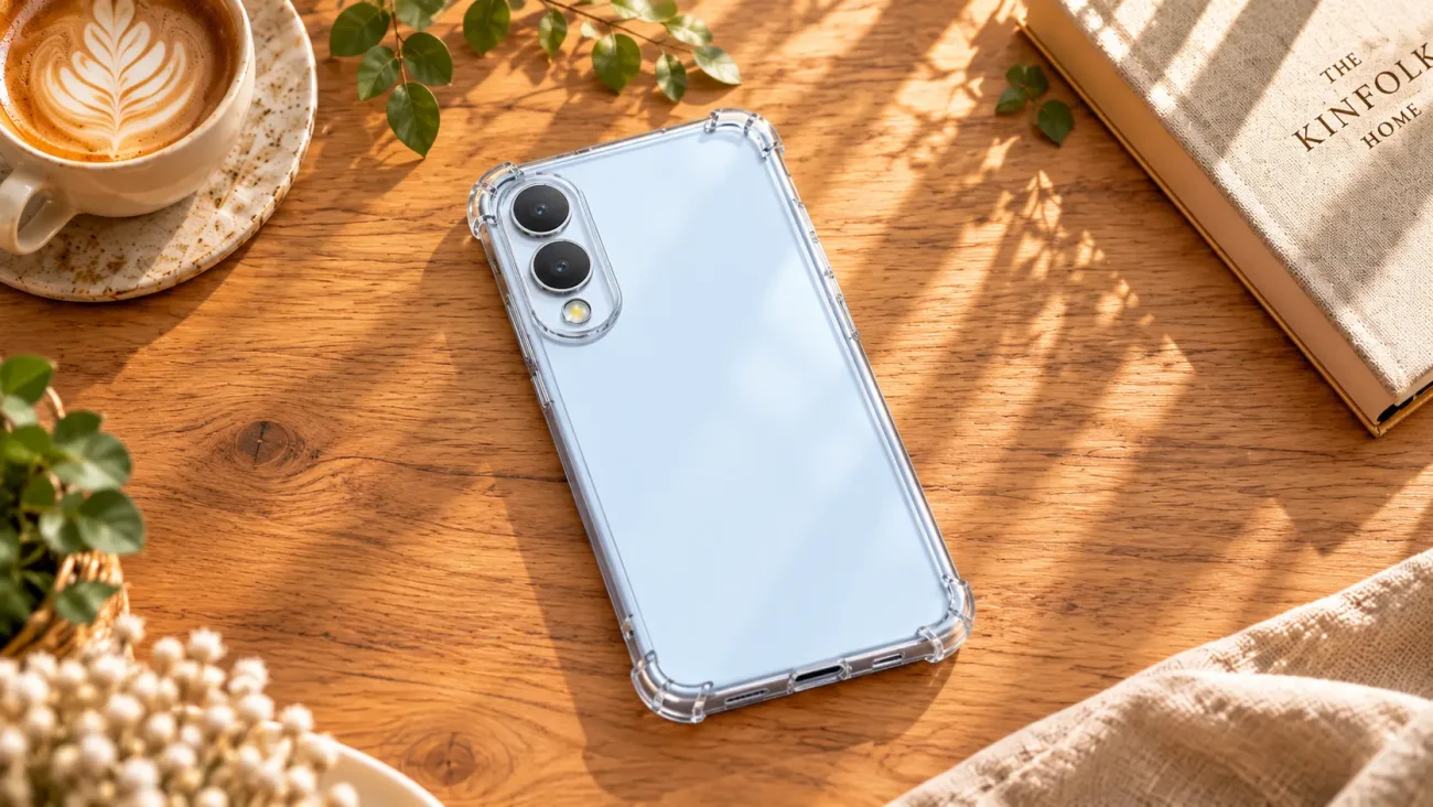 Light blue smartphone in a clear case on a wooden table beside a latte and a Kinfolk Home book, with green plants nearby.