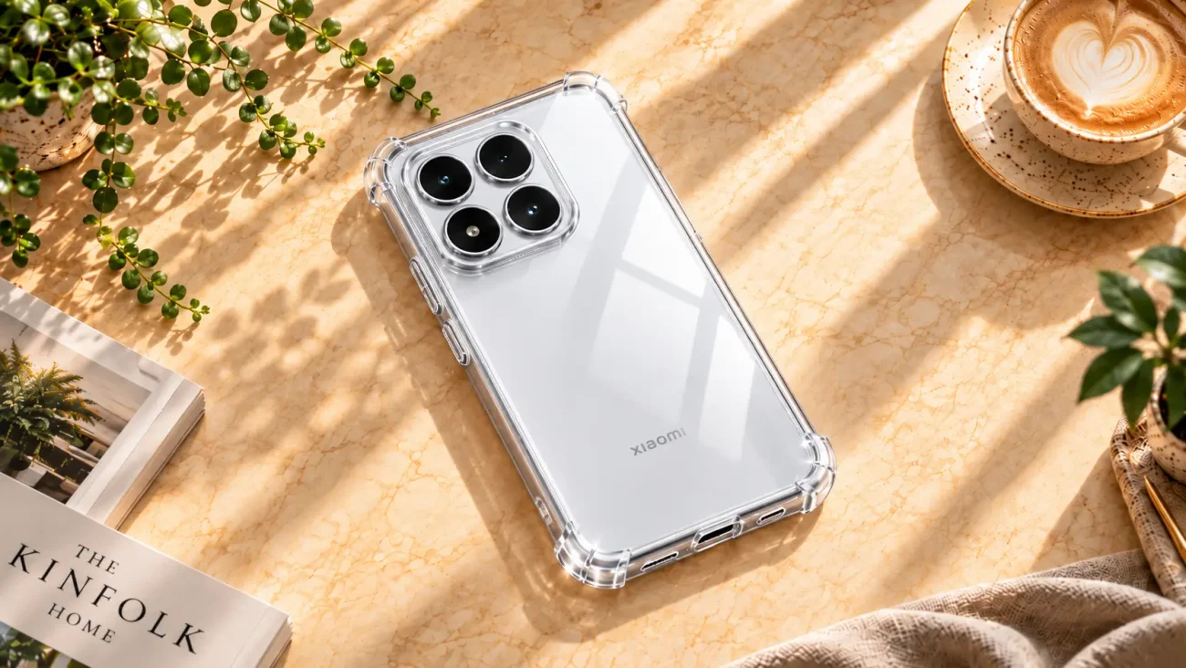 Overhead shot of a white Xiaomi phone in a clear protective case on a beige marble table, with plants, coffee, and a magazine nearby.
