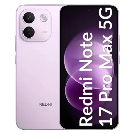 Lavender Redmi Note 11 Pro Max 5G smartphone shown from the back with its camera module and a large front display showing the model name.