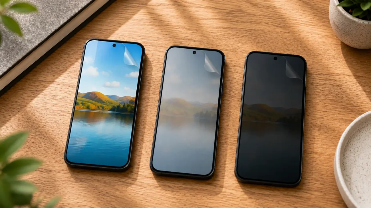 Zaščitna folija za Xiaomi Redmi Note 15 Pro 4G | Poceni-Ovitki.si Three smartphones arranged in a row on a wooden table; left phone shows a lake and hills under a blue sky, middle shows a misty landscape, right has a dark screen.