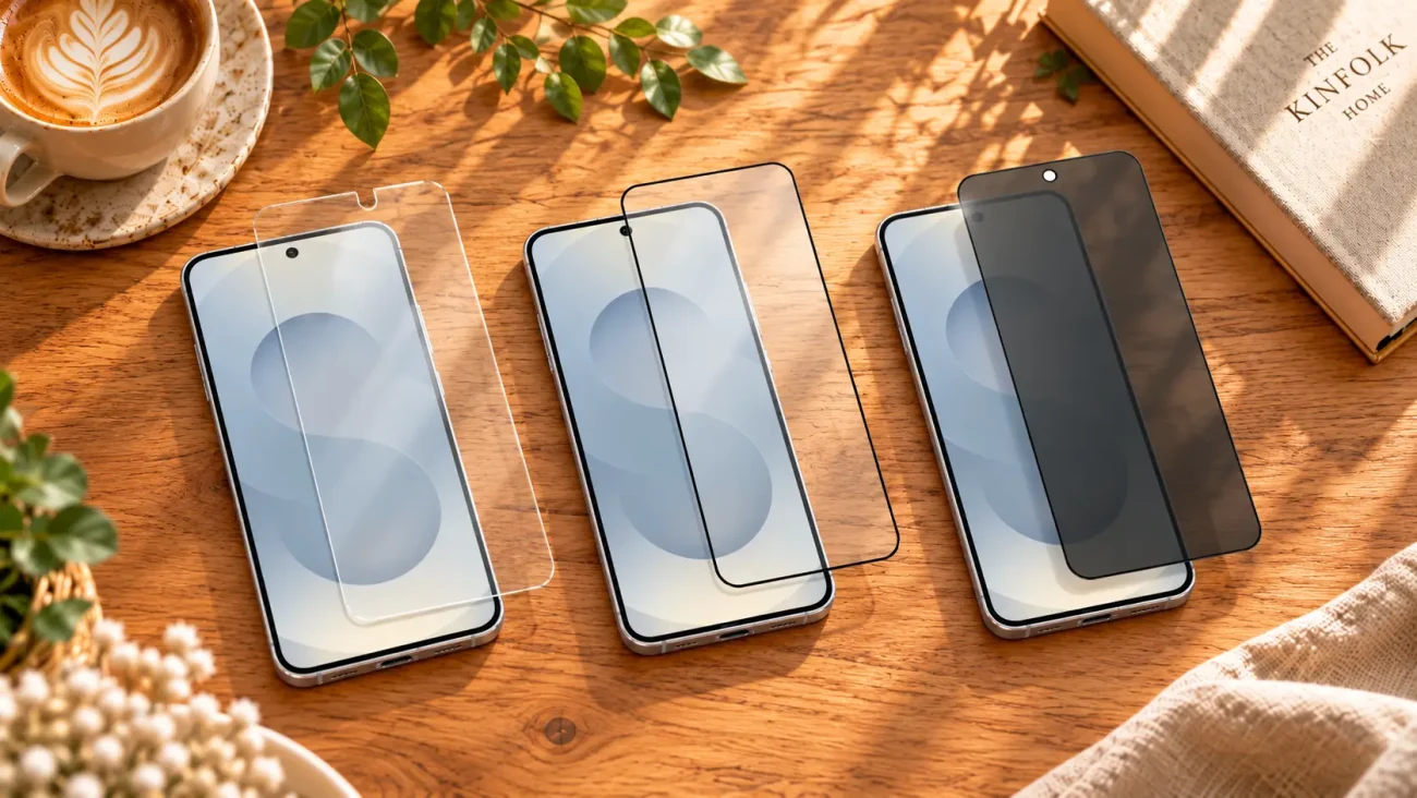 Three smartphones on a wooden table with different screen protectors laid over their screens, next to a coffee cup and a book.
