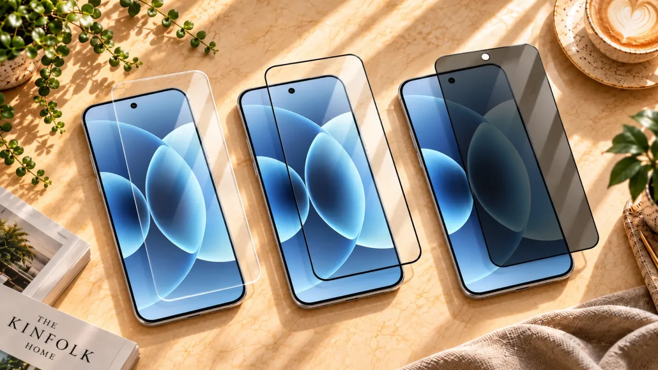 Four smartphones laid diagonally on a warm marble table with transparent screen protectors nearby, a coffee cup and green plants in frame.