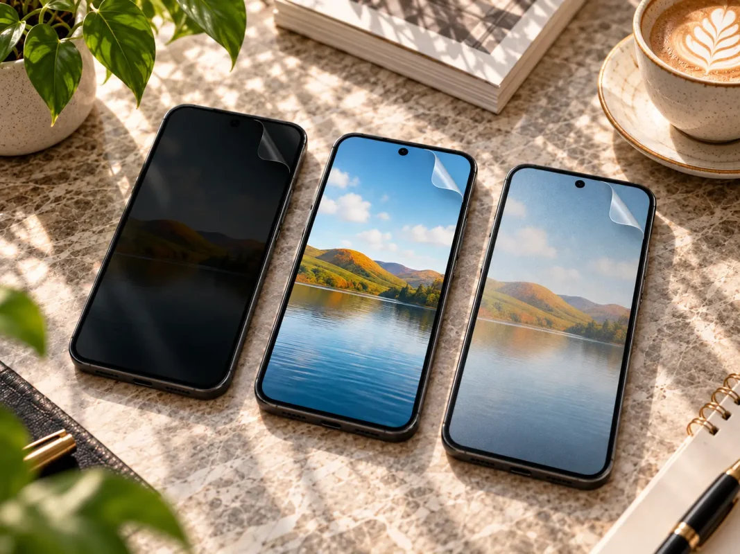 Three smartphones laid on a marble table, each displaying a scenic lake landscape wallpaper, with a plant and a cup of coffee nearby.