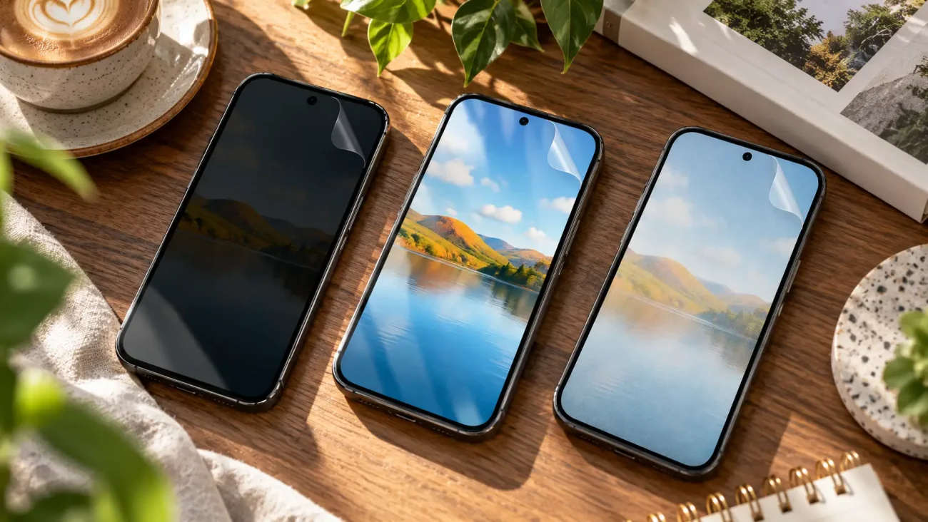 Three smartphones lie in a row on a wooden desk beside a coffee cup and green plants; the middle screen shows a lake landscape wallpaper.
