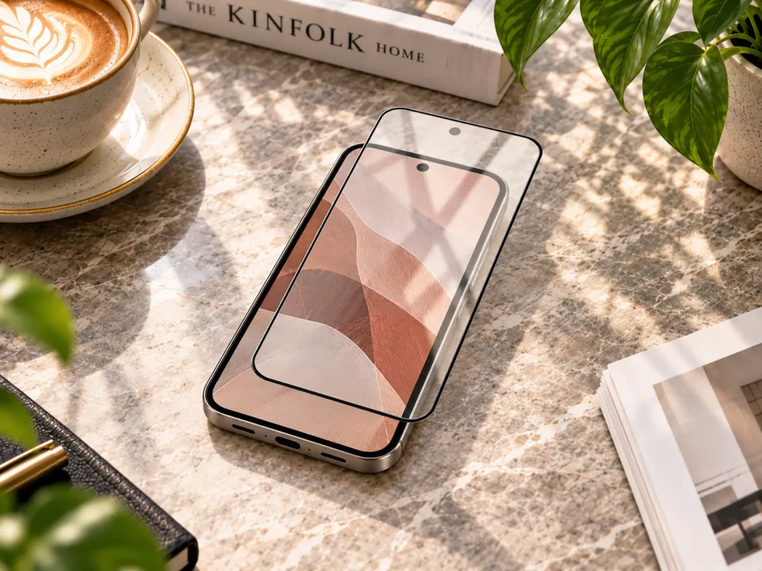 Smartphone on a marble desk with a transparent screen protector aligned over the screen, beside a coffee cup and green plant.